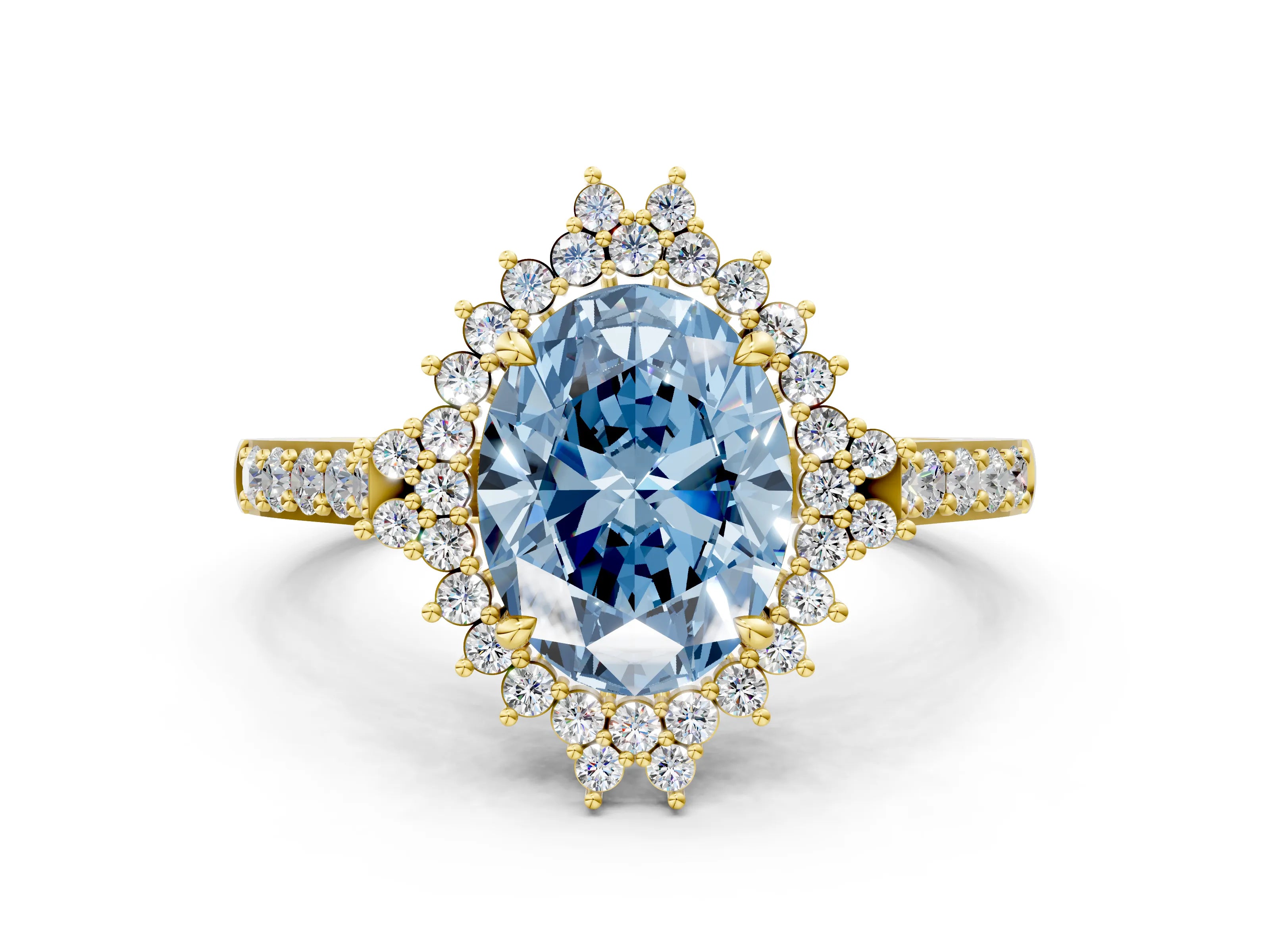Yellow gold Fancy Blue Oval Cut Cut Diamond Sunburst Halo Engagement Ring with Pavé Band_24