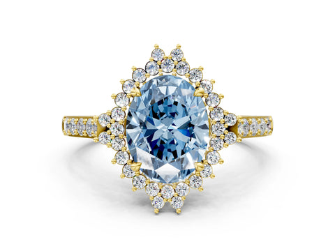 Yellow gold Fancy Blue Oval Cut Cut Diamond Sunburst Halo Engagement Ring with Pavé Band_24