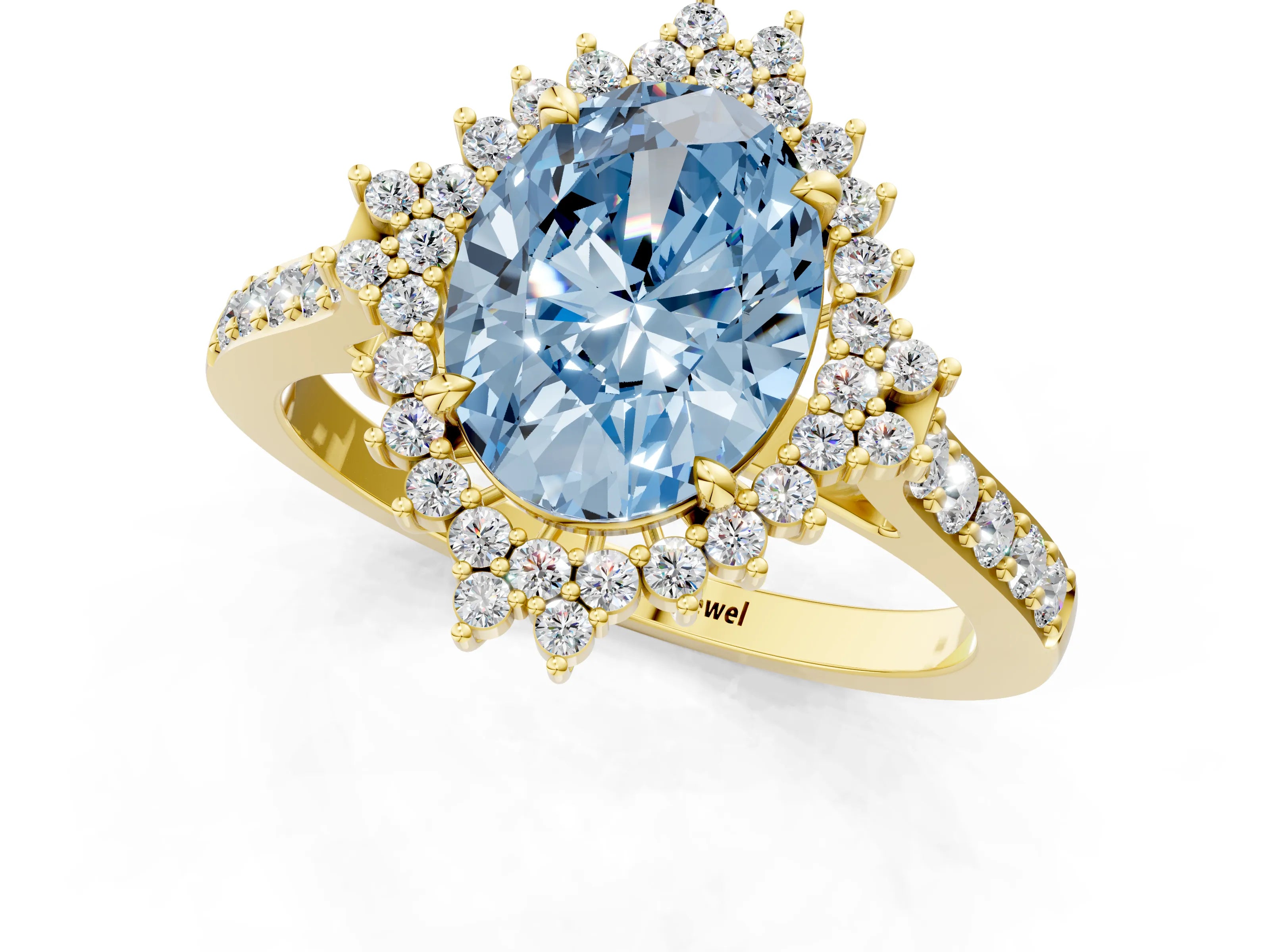 Yellow gold Fancy Blue Oval Cut Cut Diamond Sunburst Halo Engagement Ring with Pavé Band_25
