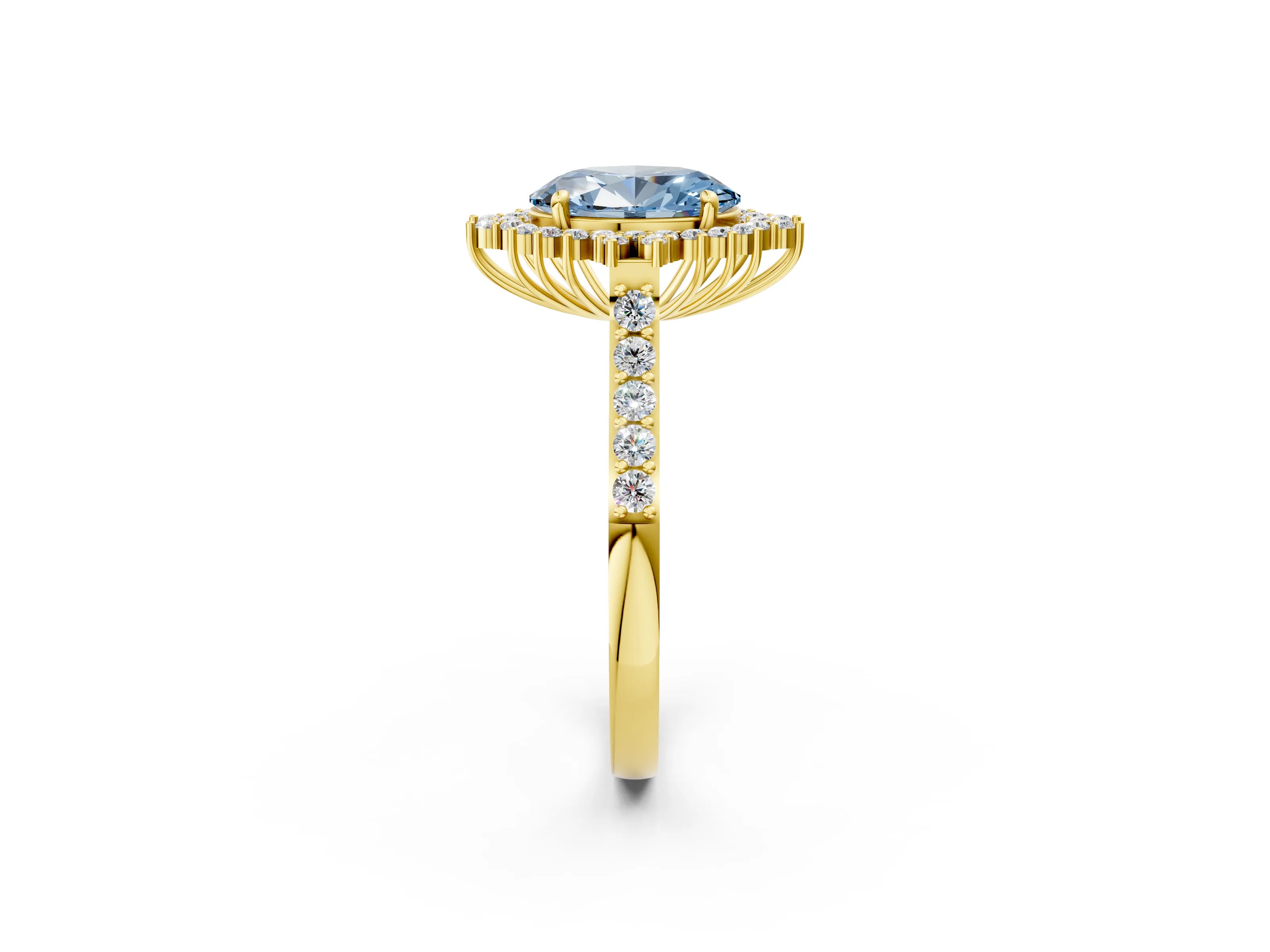 Yellow gold Fancy Blue Oval Cut Cut Diamond Sunburst Halo Engagement Ring with Pavé Band_26