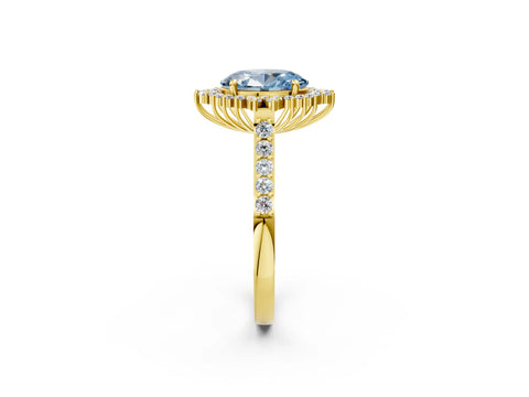 Yellow gold Fancy Blue Oval Cut Cut Diamond Sunburst Halo Engagement Ring with Pavé Band_26