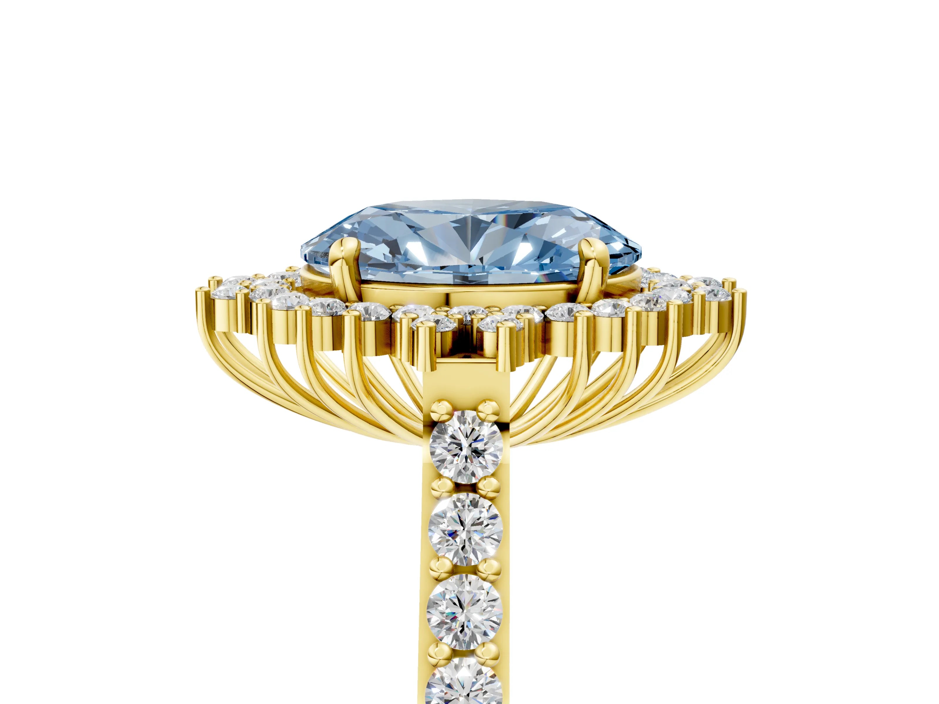 Yellow gold Fancy Blue Oval Cut Cut Diamond Sunburst Halo Engagement Ring with Pavé Band_29