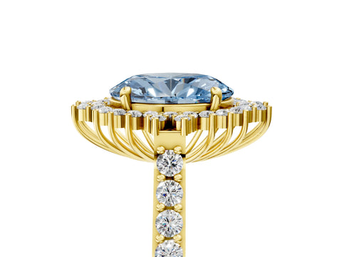 Yellow gold Fancy Blue Oval Cut Cut Diamond Sunburst Halo Engagement Ring with Pavé Band_29