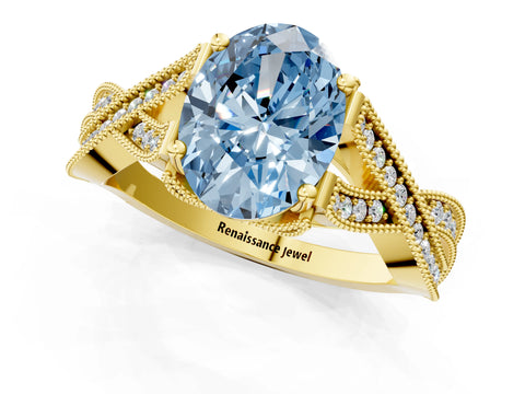 Yellow gold Fancy Blue Oval Cut Cut Diamond Twisted Band with Milgrain Pave Setting and Four-Prong Setting_1