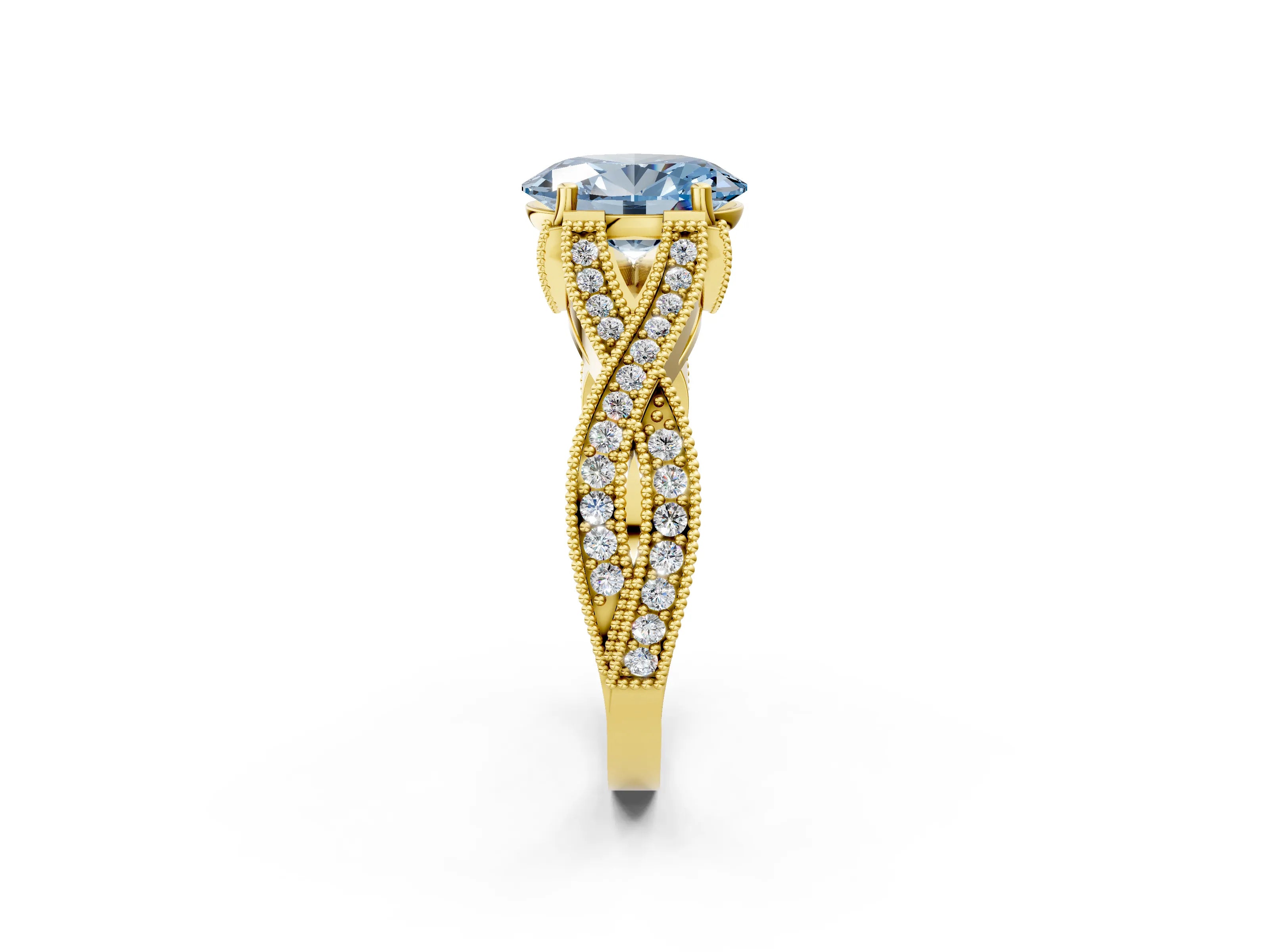 Yellow gold Fancy Blue Oval Cut Cut Diamond Twisted Band with Milgrain Pave Setting and Four-Prong Setting_2