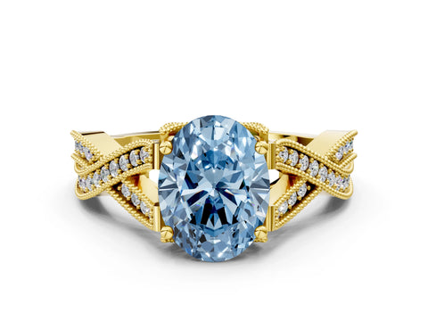Yellow gold Fancy Blue Oval Cut Cut Diamond Twisted Band with Milgrain Pave Setting and Four-Prong Setting
