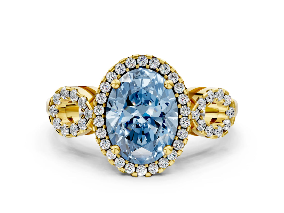 Yellow gold Fancy Blue Oval Cut Cut Halo Diamond Infinity Band with Four-Prong Setting