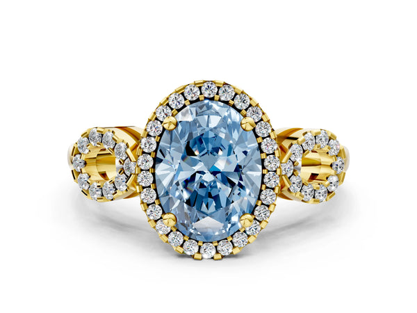 Yellow Gold Oval Pave Infinity Halo Engagement Ring Setting for Fancy Blue Center