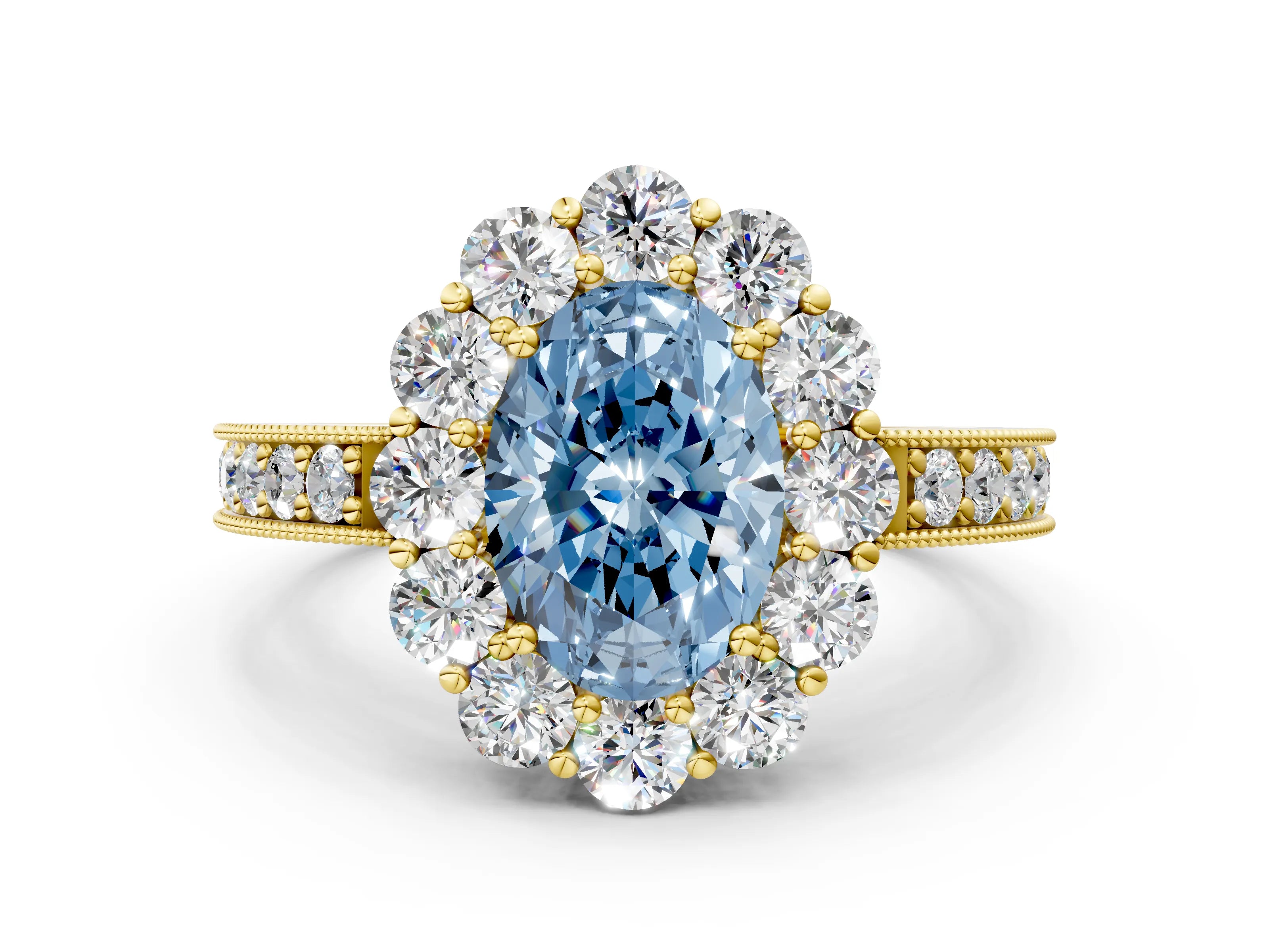 Yellow gold Fancy Blue Oval Cut Cut Halo Diamond Pavé Engagement Ring with Milgrain Detailing