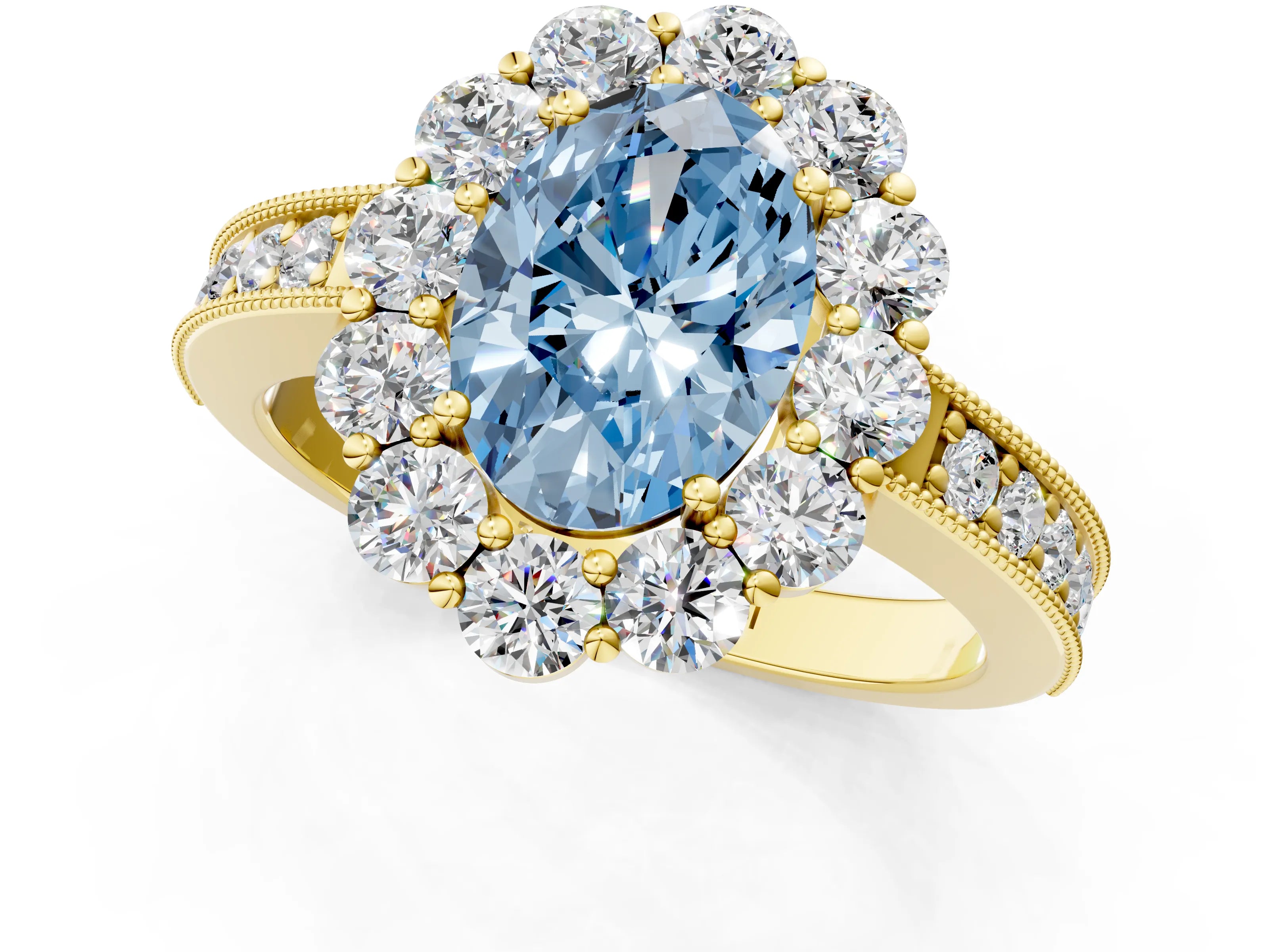 Yellow gold Fancy Blue Oval Cut Cut Halo Diamond Pavé Engagement Ring with Milgrain Detailing_1