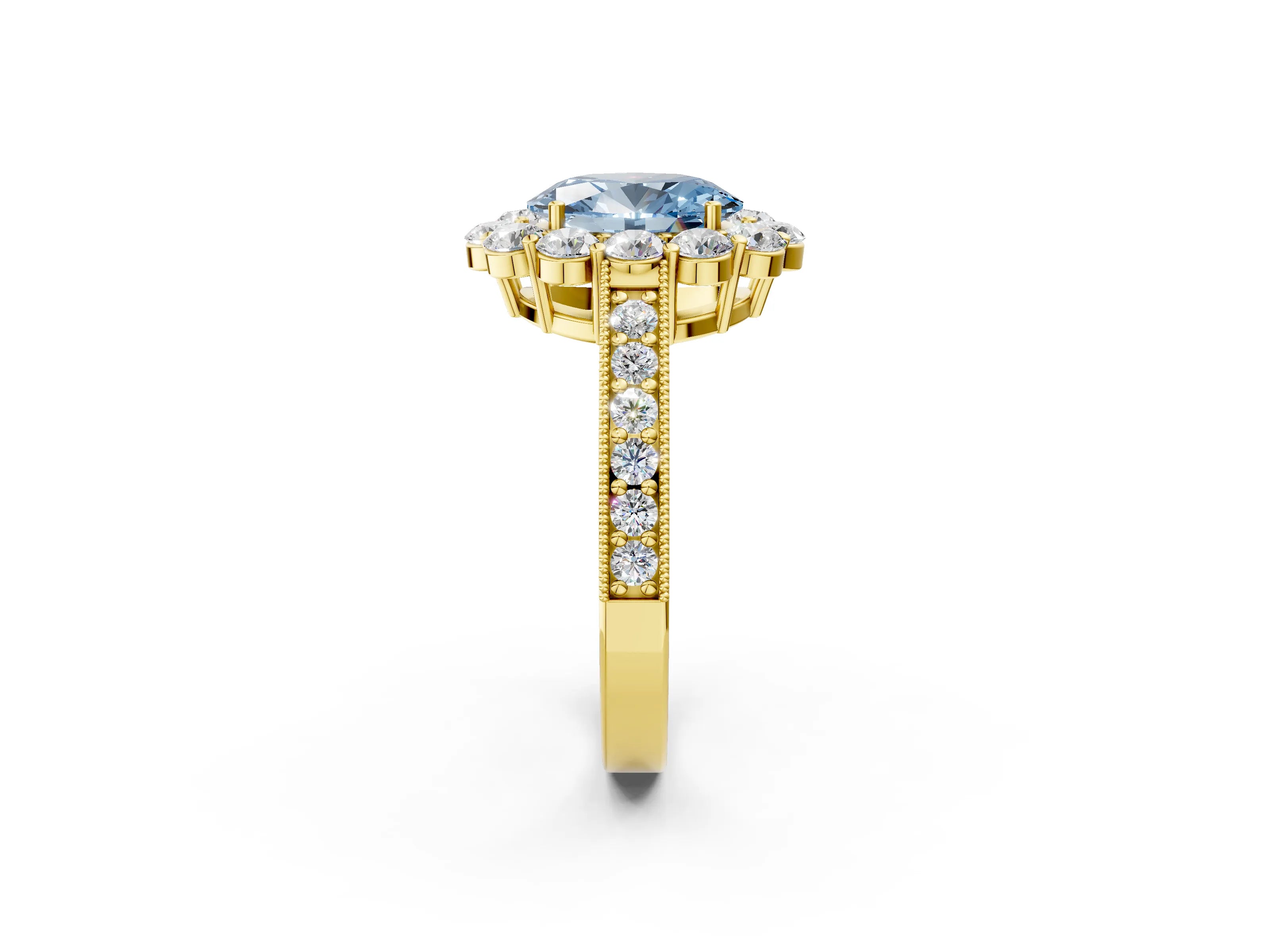 Yellow gold Fancy Blue Oval Cut Cut Halo Diamond Pavé Engagement Ring with Milgrain Detailing_2