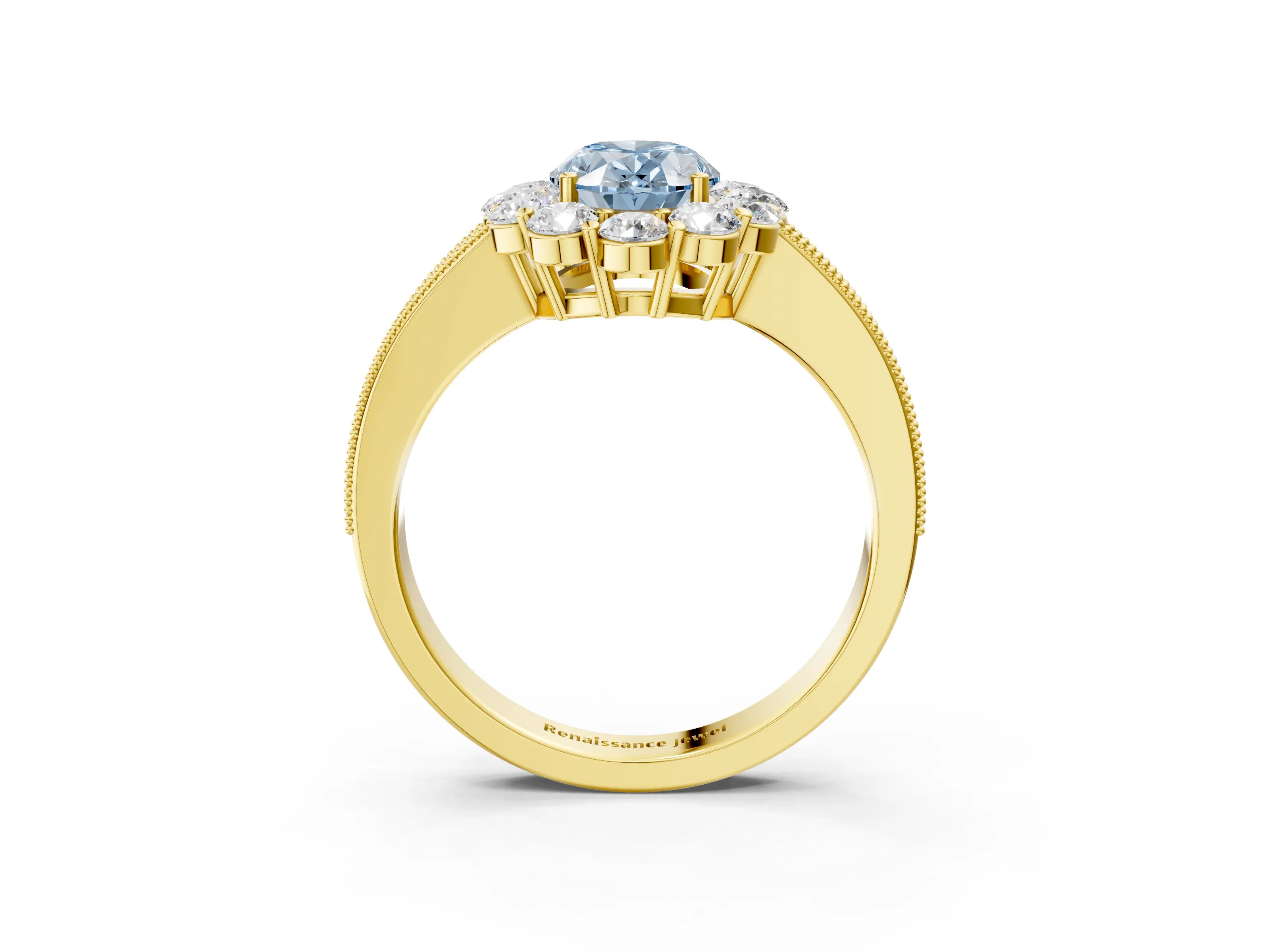 Yellow gold Fancy Blue Oval Cut Cut Halo Diamond Pavé Engagement Ring with Milgrain Detailing_3