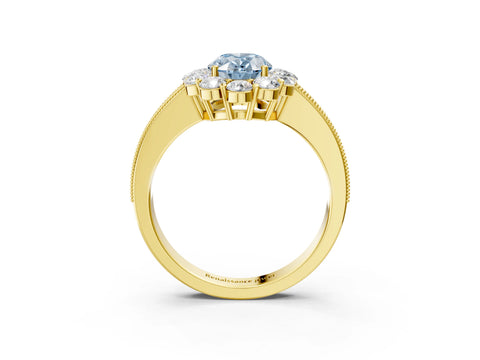 Yellow gold Fancy Blue Oval Cut Cut Halo Diamond Pavé Engagement Ring with Milgrain Detailing_3