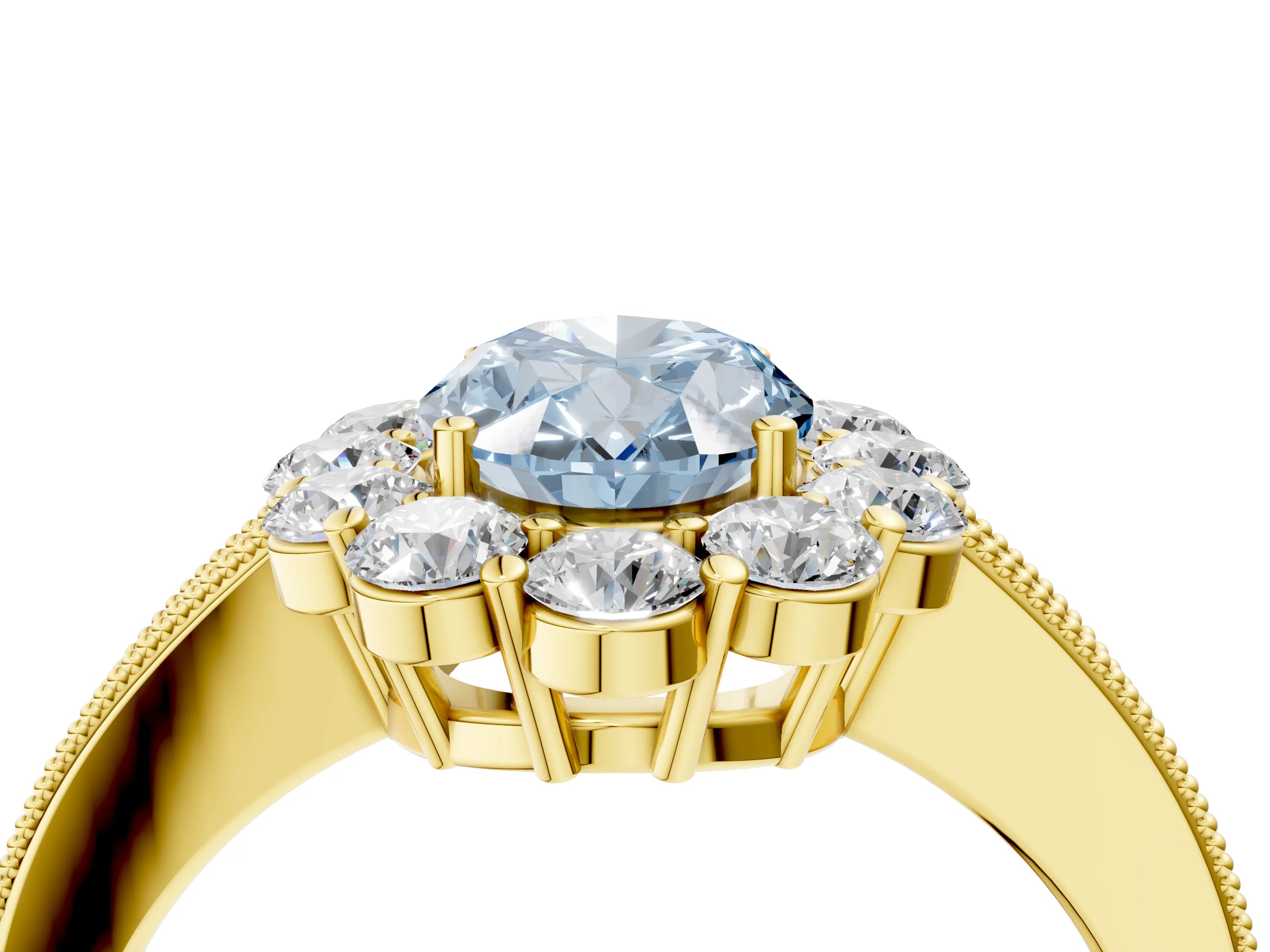 Yellow gold Fancy Blue Oval Cut Cut Halo Diamond Pavé Engagement Ring with Milgrain Detailing_4