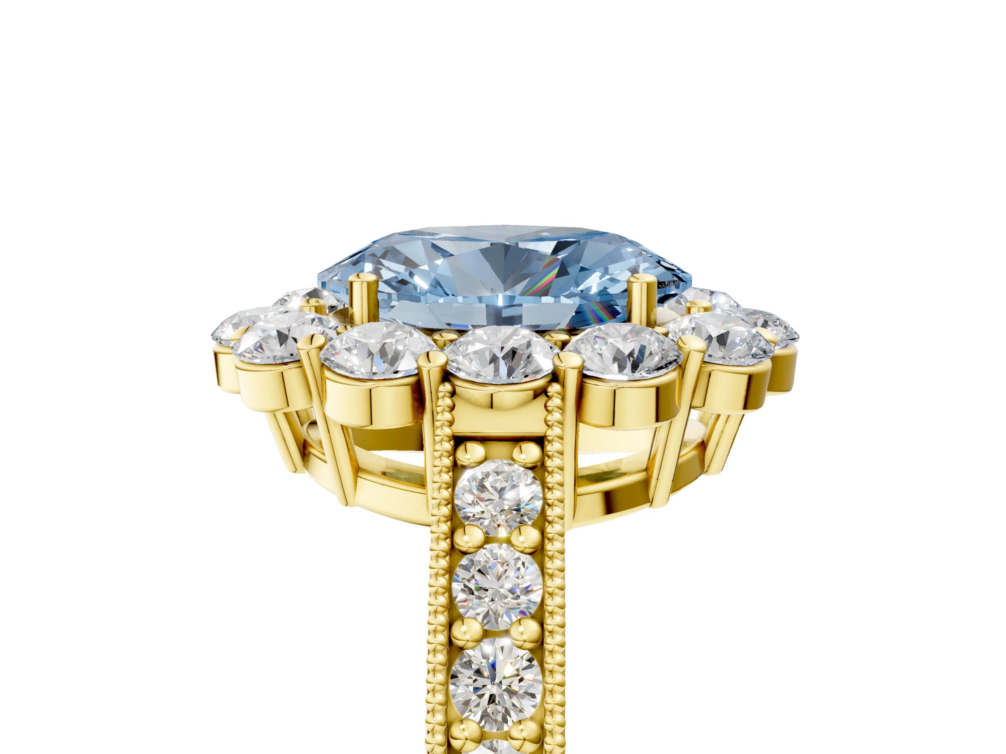 Yellow gold Fancy Blue Oval Cut Cut Halo Diamond Pavé Engagement Ring with Milgrain Detailing_5