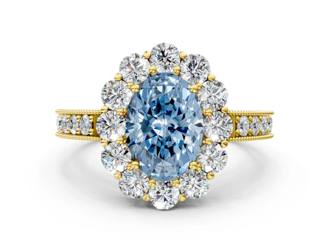 Yellow gold Fancy Blue Oval Cut Cut Halo Diamond Pavé Engagement Ring with Milgrain Detailing