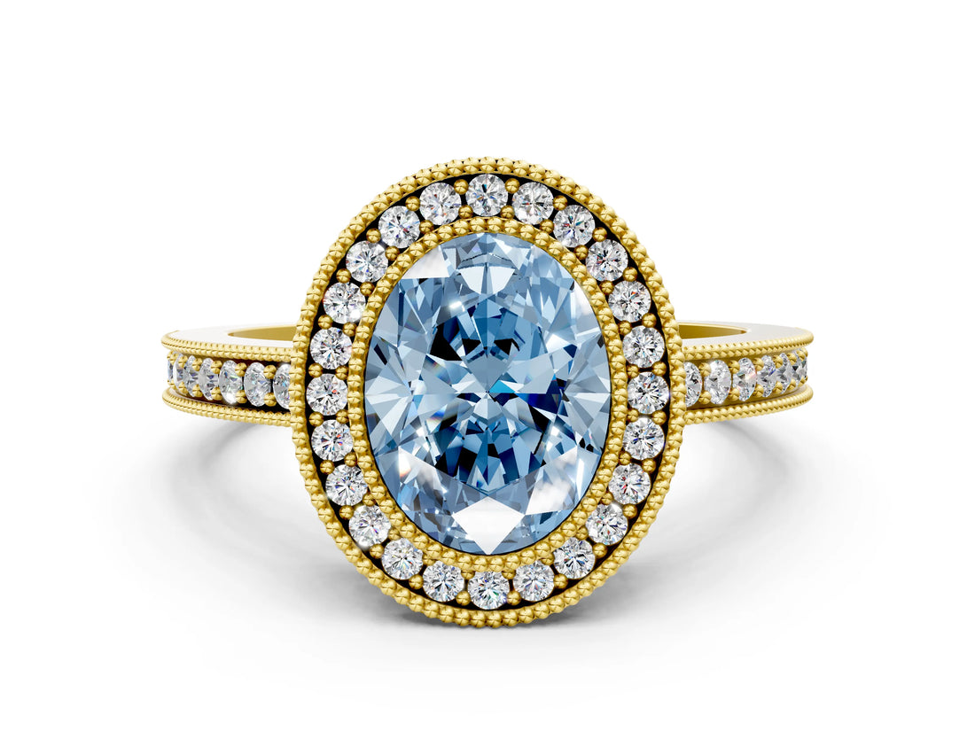 Yellow gold Fancy Blue Oval Cut Cut Halo Pavé Diamond Ring