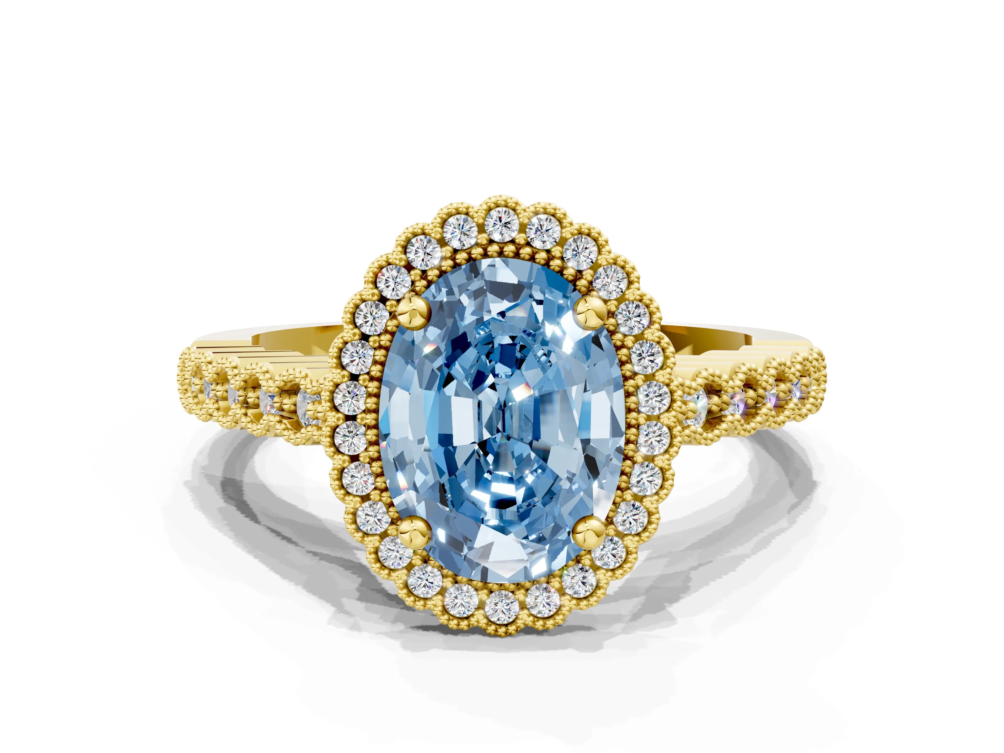Yellow gold Fancy Blue Oval Cut Cut Halo Pavé Solitaire Ring with Milgrain Band