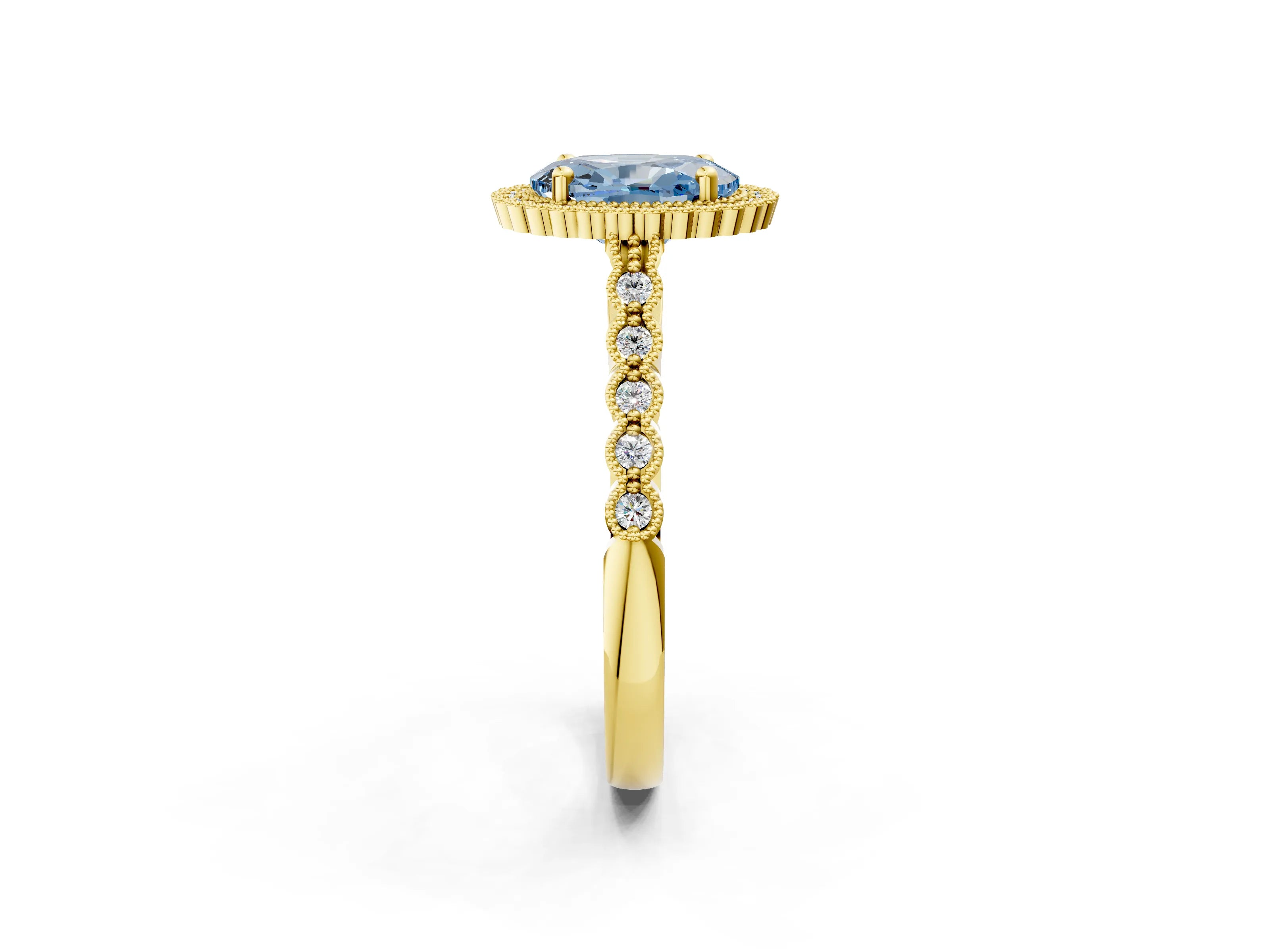 Yellow gold Fancy Blue Oval Cut Cut Halo Pavé Solitaire Ring with Milgrain Band_2
