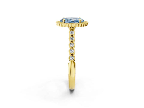 Yellow gold Fancy Blue Oval Cut Cut Halo Pavé Solitaire Ring with Milgrain Band_2