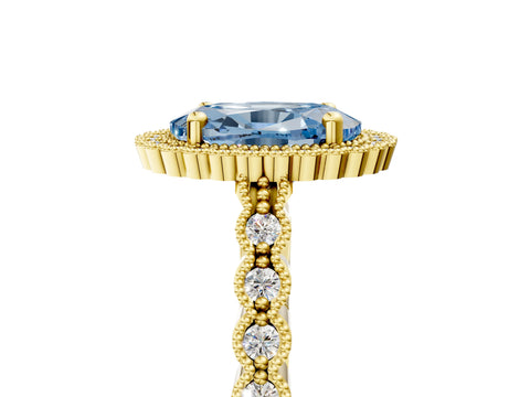 Yellow gold Fancy Blue Oval Cut Cut Halo Pavé Solitaire Ring with Milgrain Band_5