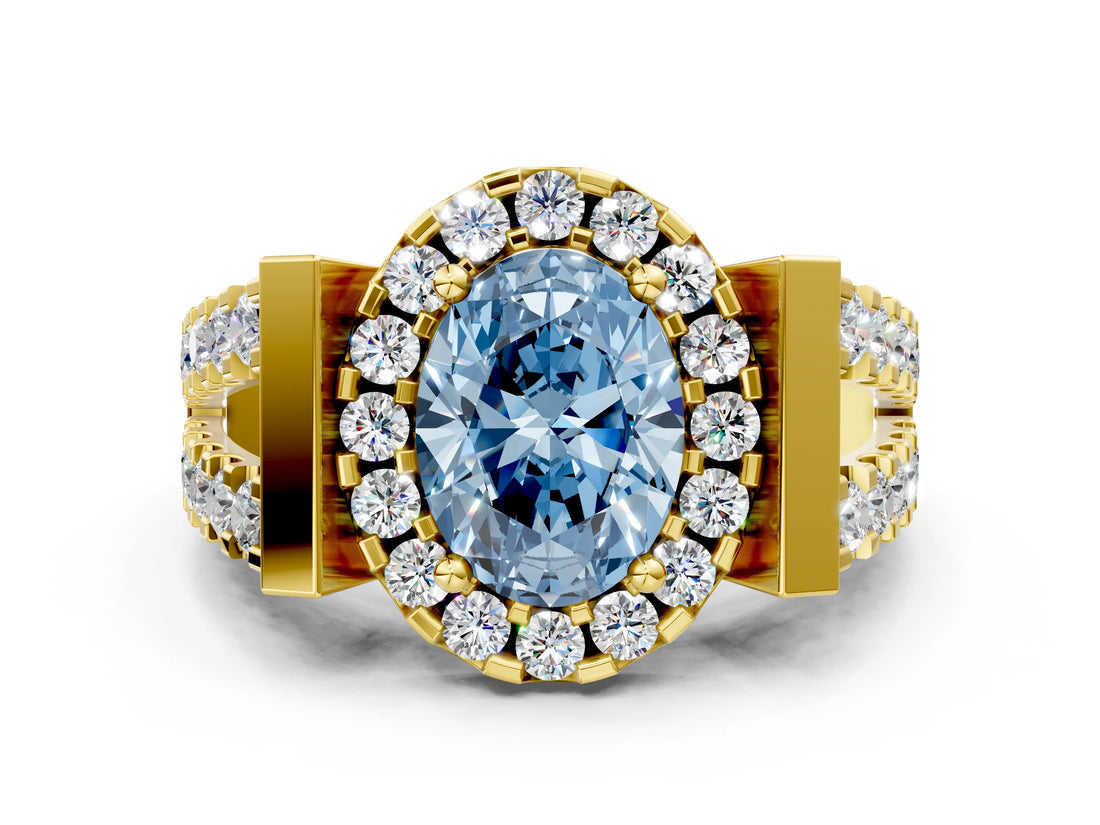 Yellow gold Fancy Blue Oval Cut Cut Halo Split Shank Prong Set Ring