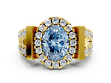Yellow gold Fancy Blue Oval Cut Cut Halo Split Shank Prong Set Ring