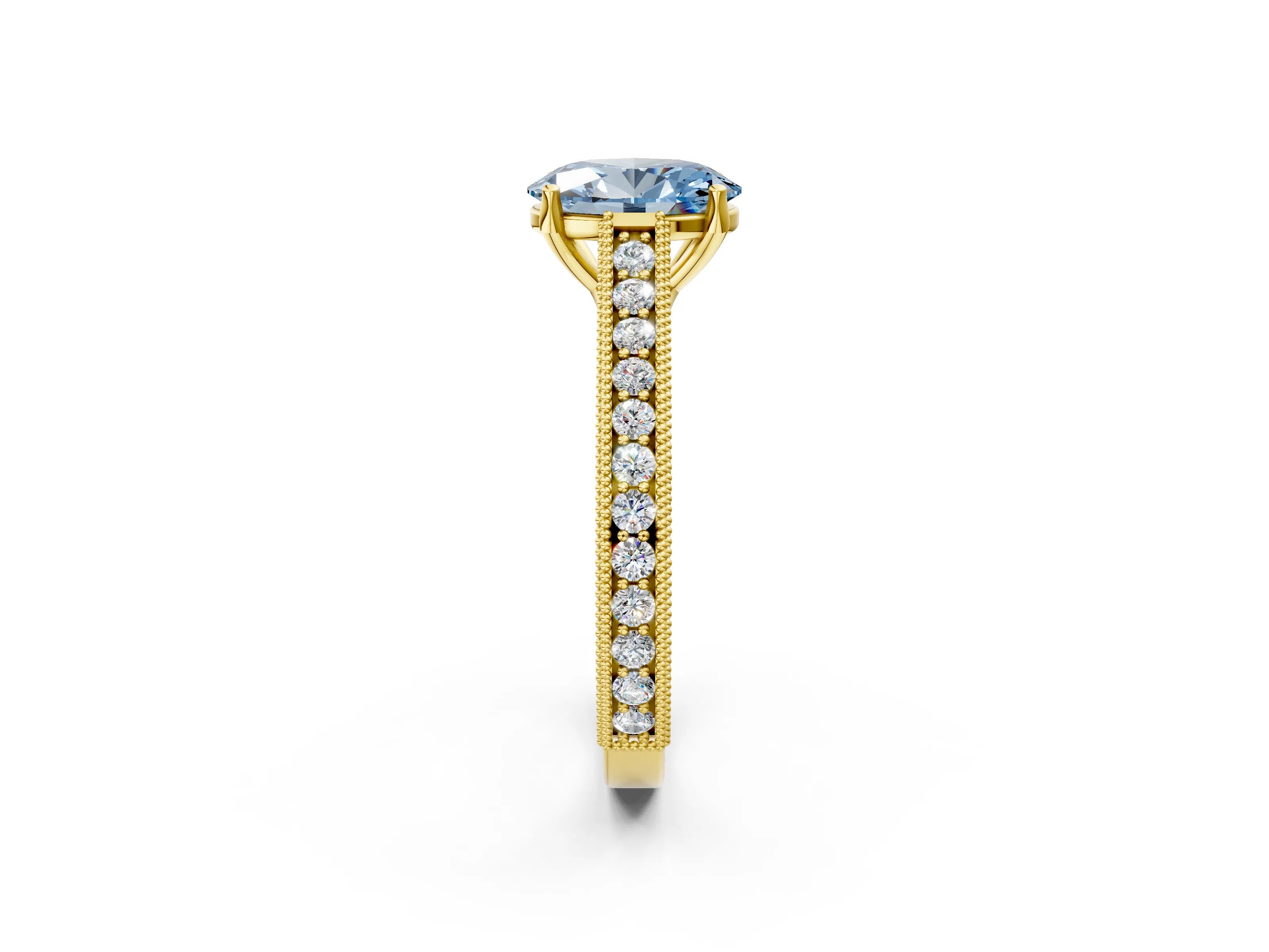 Yellow gold Fancy Blue Oval Cut Cut Pave Band Milgrain Solitaire Ring_2