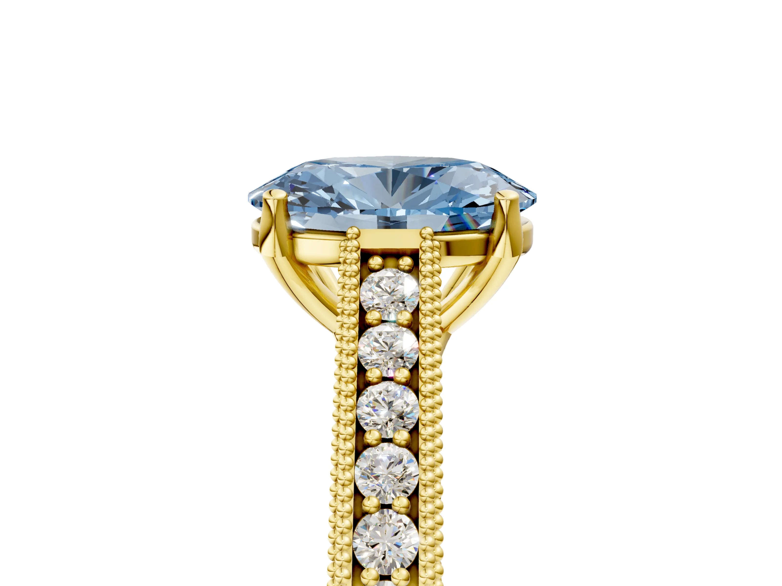 Yellow gold Fancy Blue Oval Cut Cut Pave Band Milgrain Solitaire Ring_5