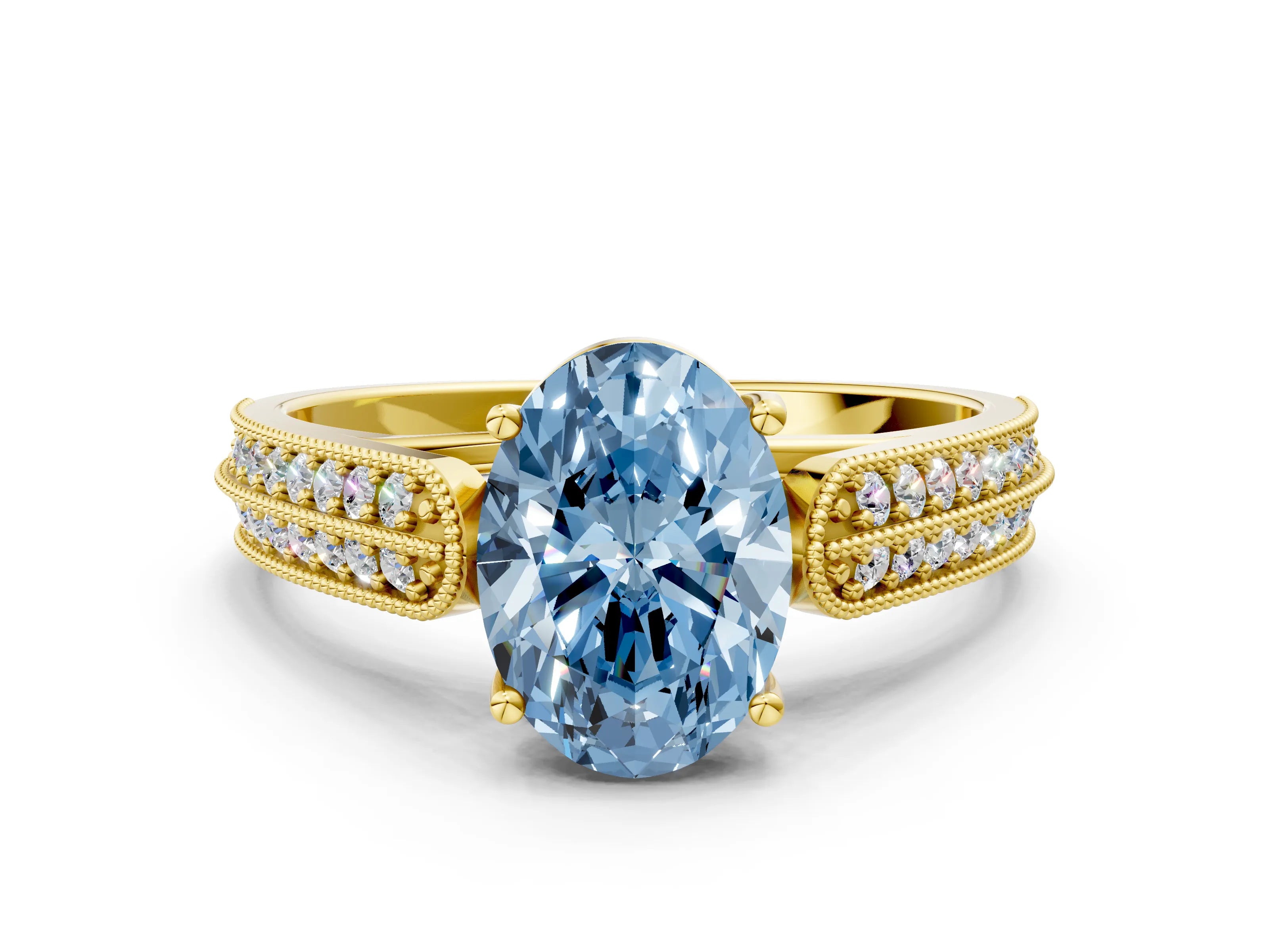 Yellow gold Fancy Blue Oval Cut Cut Pave Split Shank Engagement Ring with Four-Prong Setting