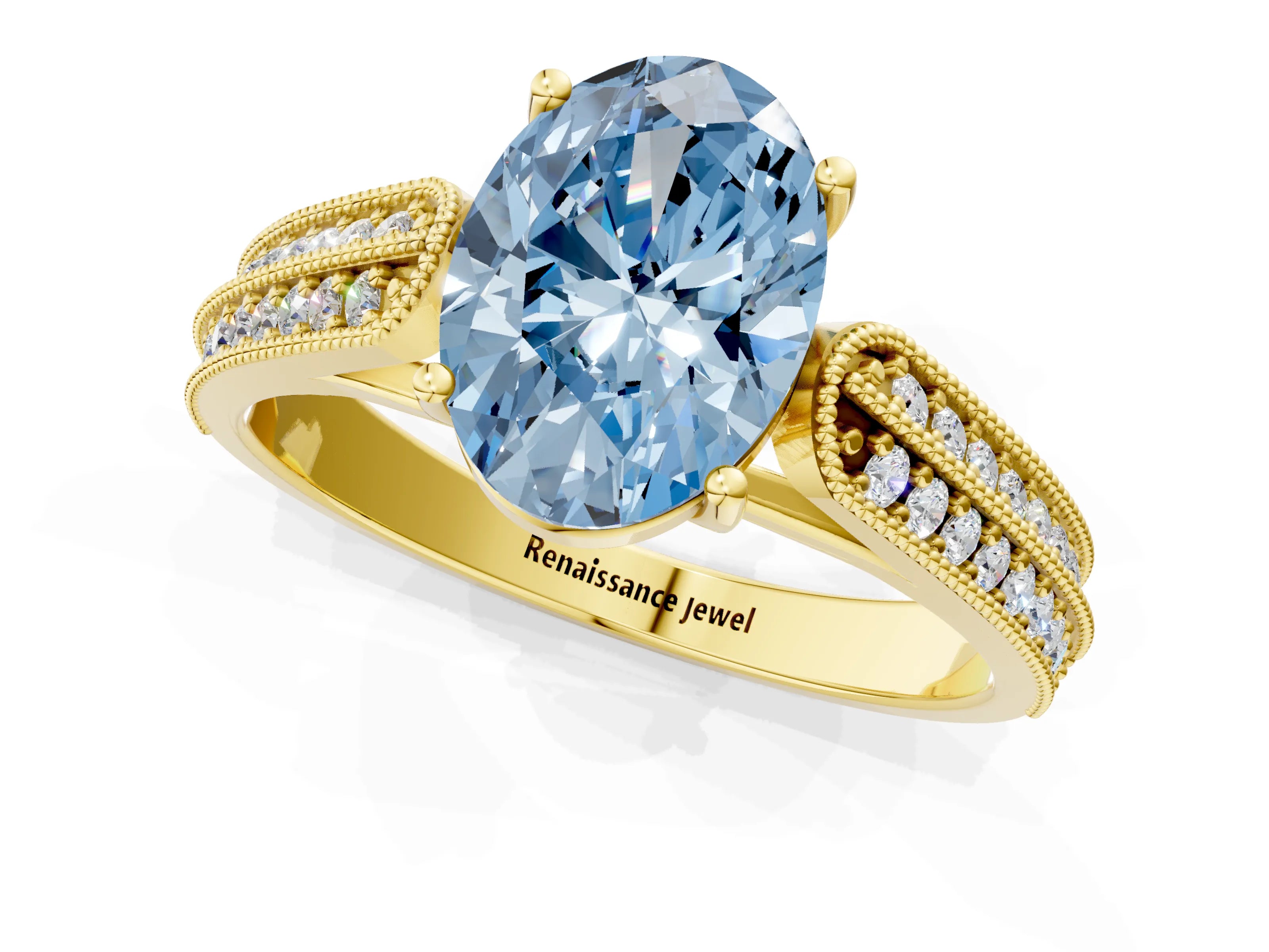 Yellow gold Fancy Blue Oval Cut Cut Pave Split Shank Engagement Ring with Four-Prong Setting_1