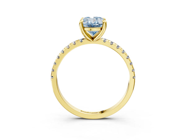 Yellow gold Fancy Blue Oval Cut Diamond Brilliant Solitaire Ring with Pavé Band and Four-Prong Setting