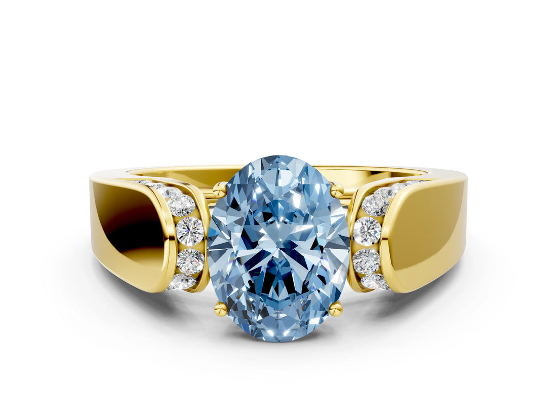 Yellow gold Fancy Blue Oval Cut Diamond Channel Set Solitaire Ring with Four-Prong Setting_12
