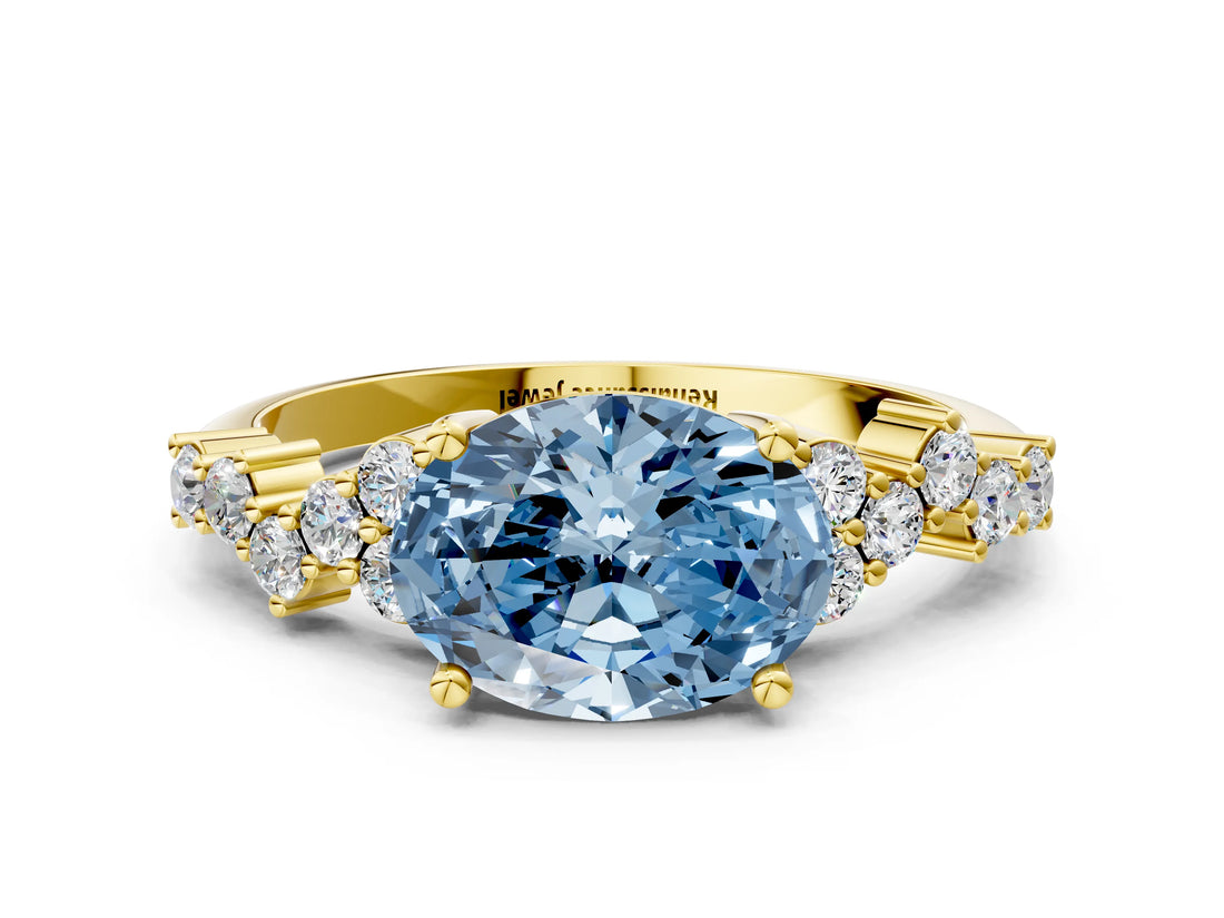 Yellow gold Fancy Blue Oval Cut Diamond Cluster Pavé Band with Four-Prong Setting_3