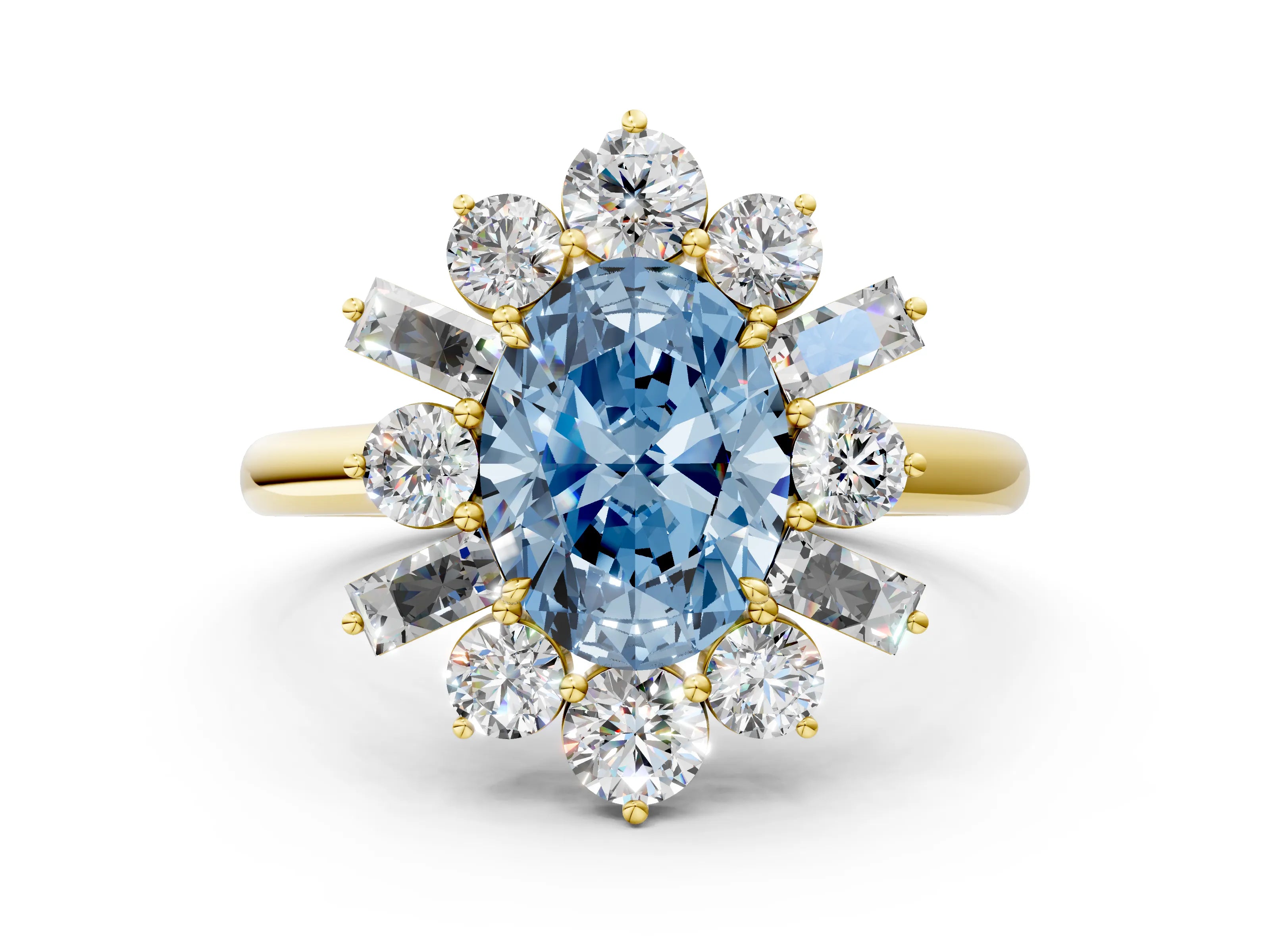 Yellow gold Fancy Blue Oval Cut Diamond Cluster Ring with Round and Baguette Stones, Split Shank Band, Prong Setting