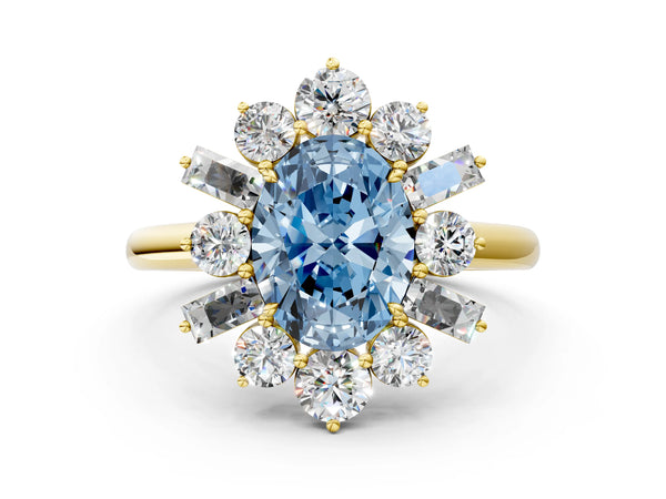Yellow gold Fancy Blue Oval Cut Diamond Cluster Ring with Round and Baguette Stones, Split Shank Band, Prong Setting