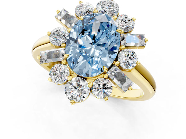 Yellow gold Fancy Blue Oval Cut Diamond Cluster Ring with Round and Baguette Stones, Split Shank Band, Prong Setting