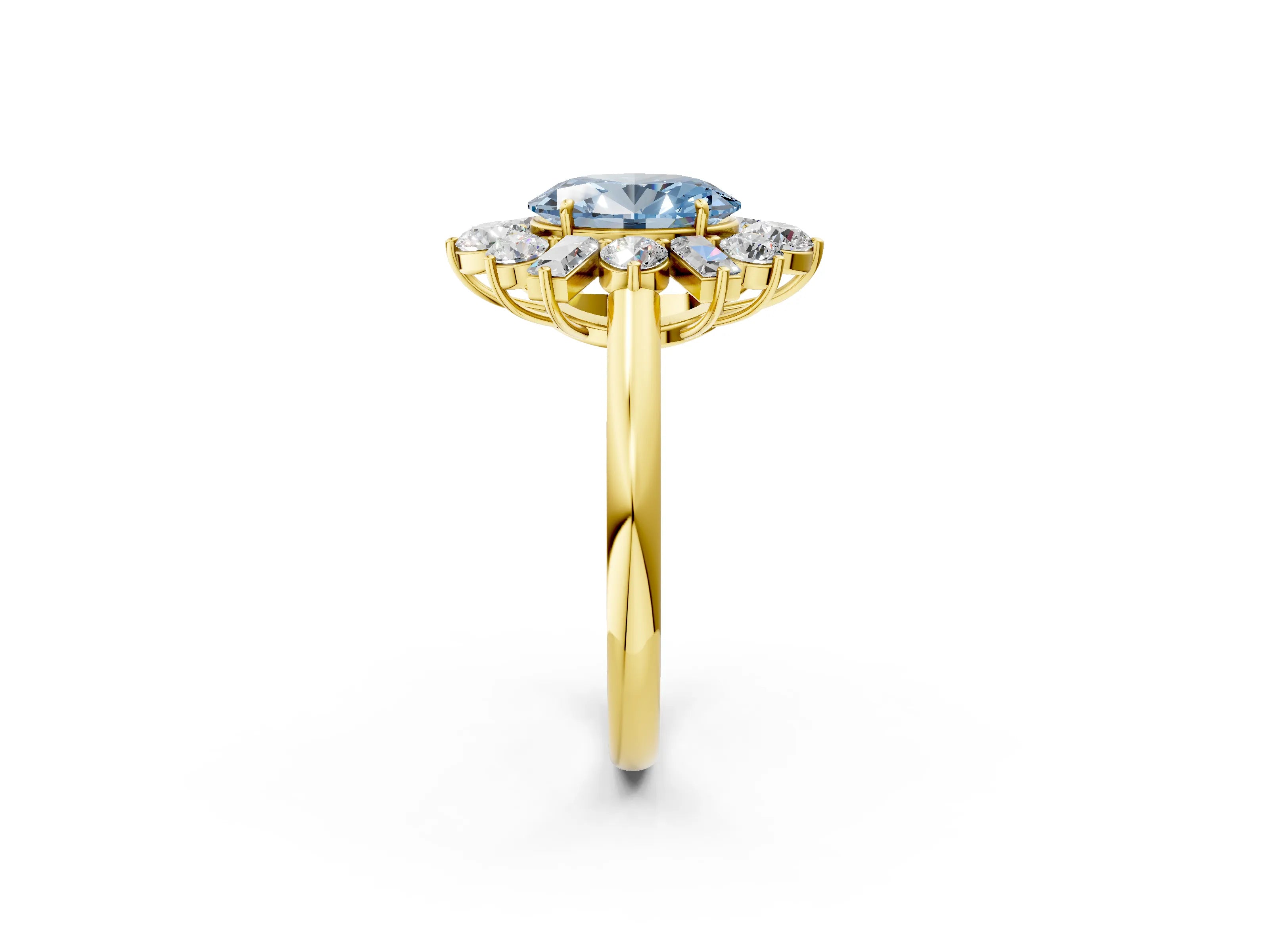 Yellow gold Fancy Blue Oval Cut Diamond Cluster Ring with Round and Baguette Stones, Split Shank Band, Prong Setting_2