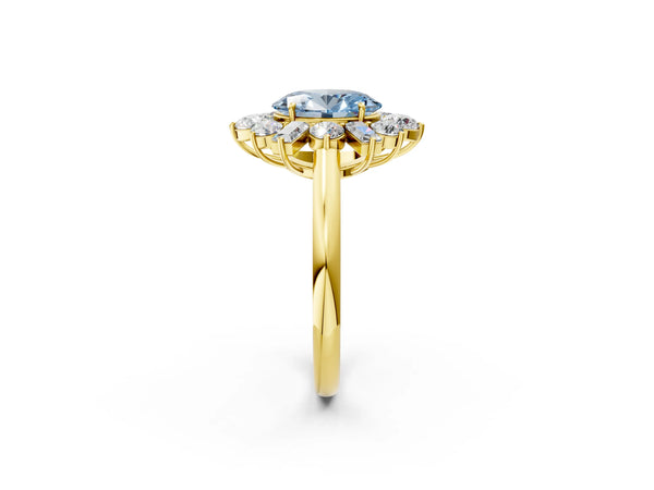 Yellow gold Fancy Blue Oval Cut Diamond Cluster Ring with Round and Baguette Stones, Split Shank Band, Prong Setting