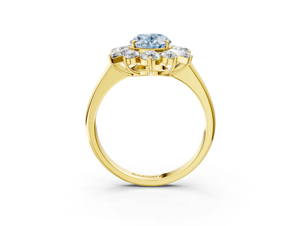 Yellow gold Fancy Blue Oval Cut Diamond Cluster Ring with Round and Baguette Stones, Split Shank Band, Prong Setting