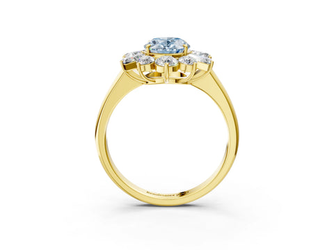 Yellow gold Fancy Blue Oval Cut Diamond Cluster Ring with Round and Baguette Stones, Split Shank Band, Prong Setting_3