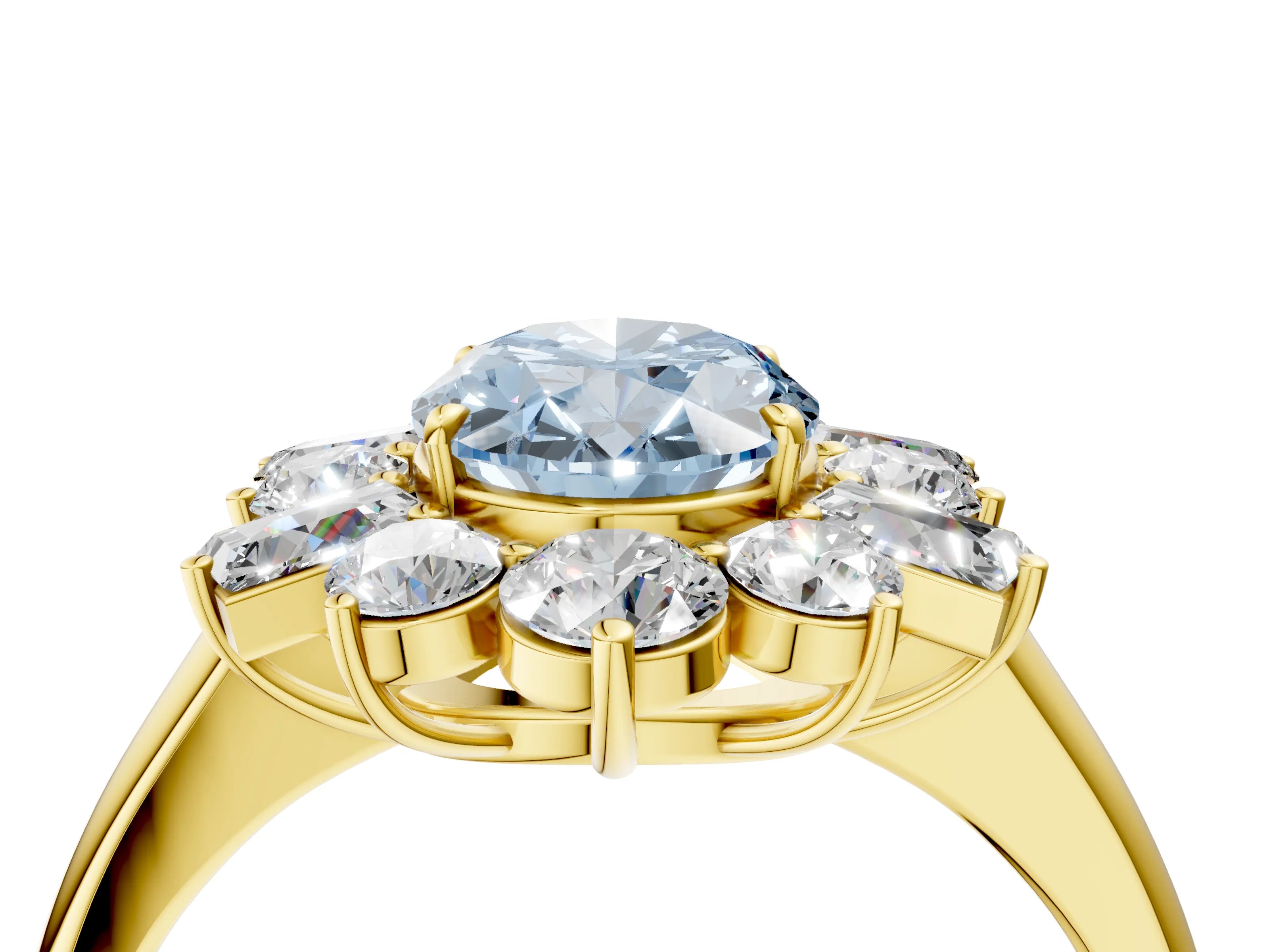 Yellow gold Fancy Blue Oval Cut Diamond Cluster Ring with Round and Baguette Stones, Split Shank Band, Prong Setting_4