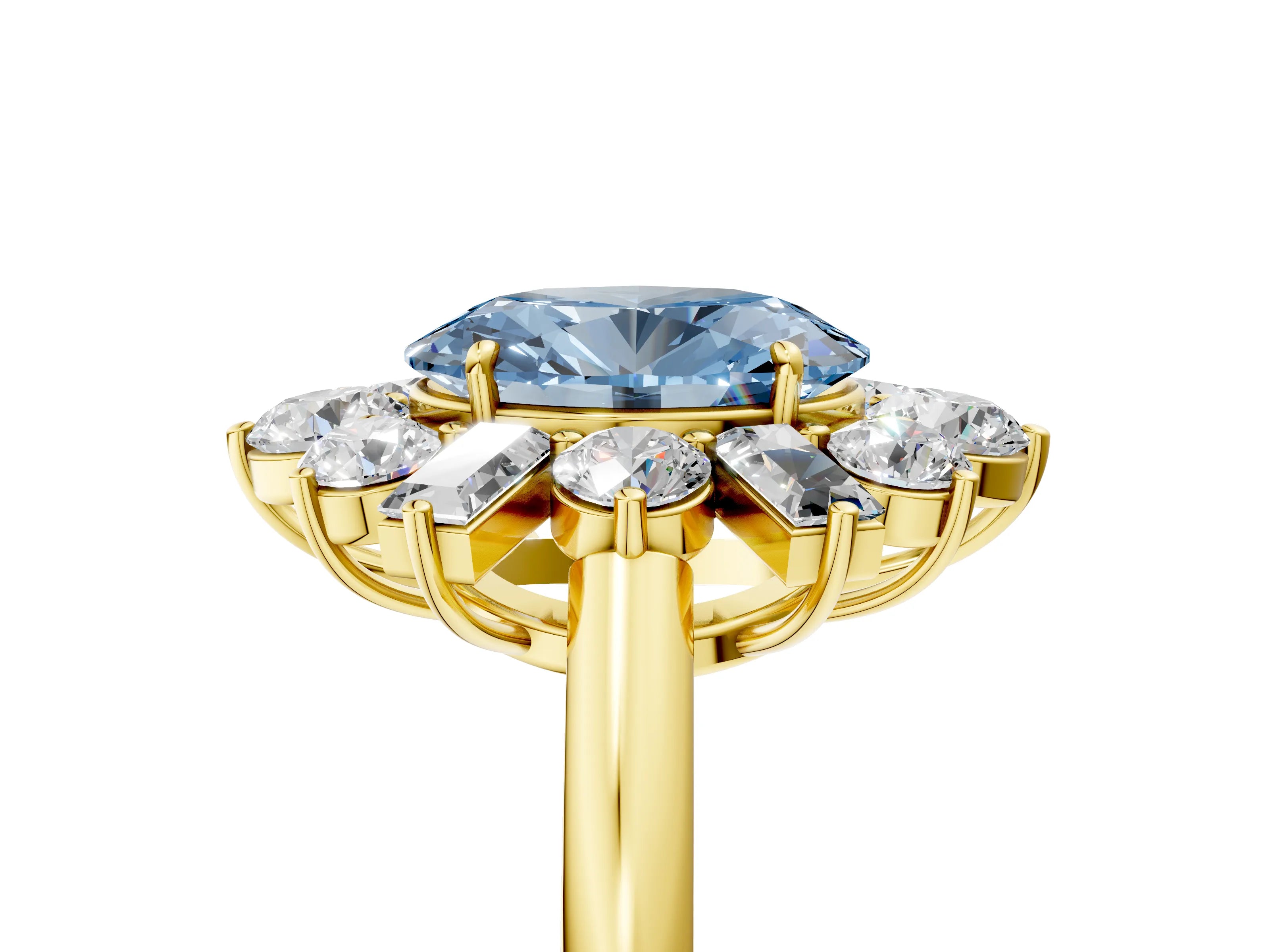 Yellow gold Fancy Blue Oval Cut Diamond Cluster Ring with Round and Baguette Stones, Split Shank Band, Prong Setting_5