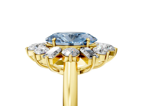 Yellow gold Fancy Blue Oval Cut Diamond Cluster Ring with Round and Baguette Stones, Split Shank Band, Prong Setting_5