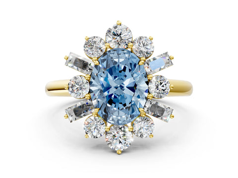 Yellow gold Fancy Blue Oval Cut Diamond Cluster Ring with Round and Baguette Stones, Split Shank Band, Prong Setting