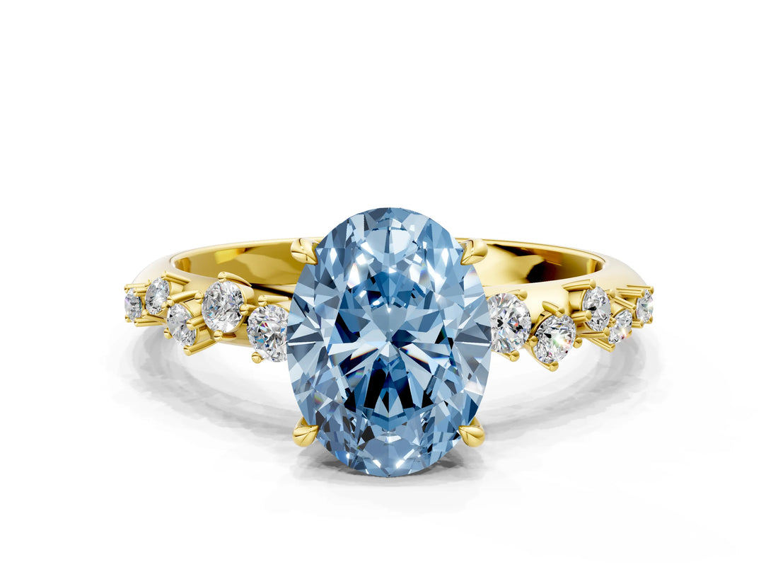 Yellow gold Fancy Blue Oval Cut Diamond Cluster Side Stone Solitaire Ring with Prong Setting_51
