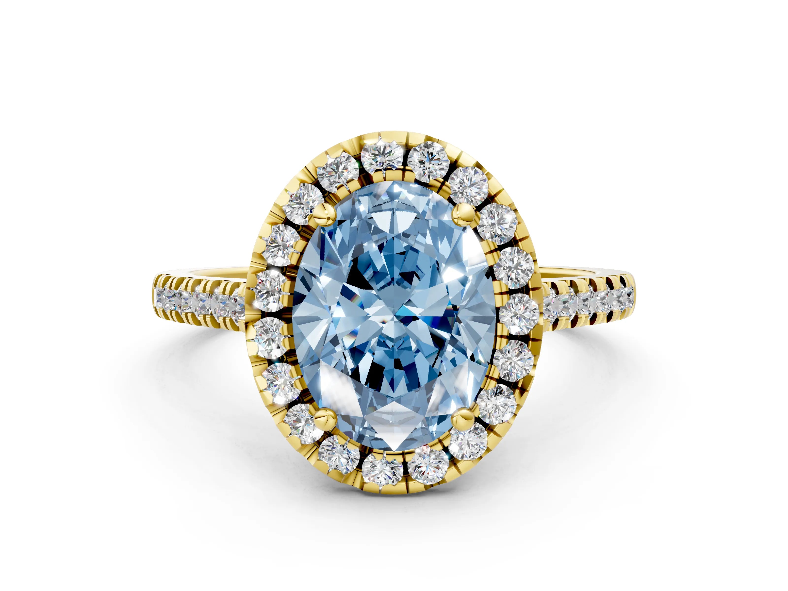 Yellow gold Fancy Blue Oval Cut Diamond Cushion Halo Ring with Pavé Band