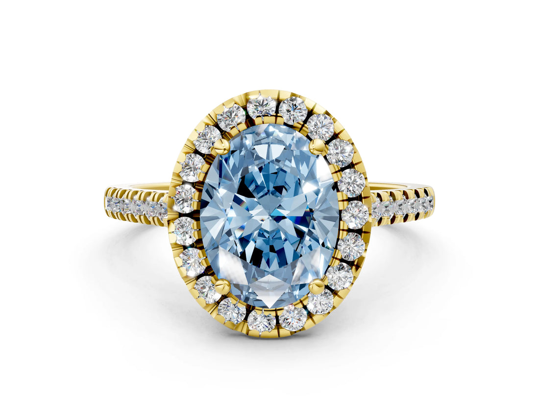 Yellow gold Fancy Blue Oval Cut Diamond Cushion Halo Ring with Pavé Band