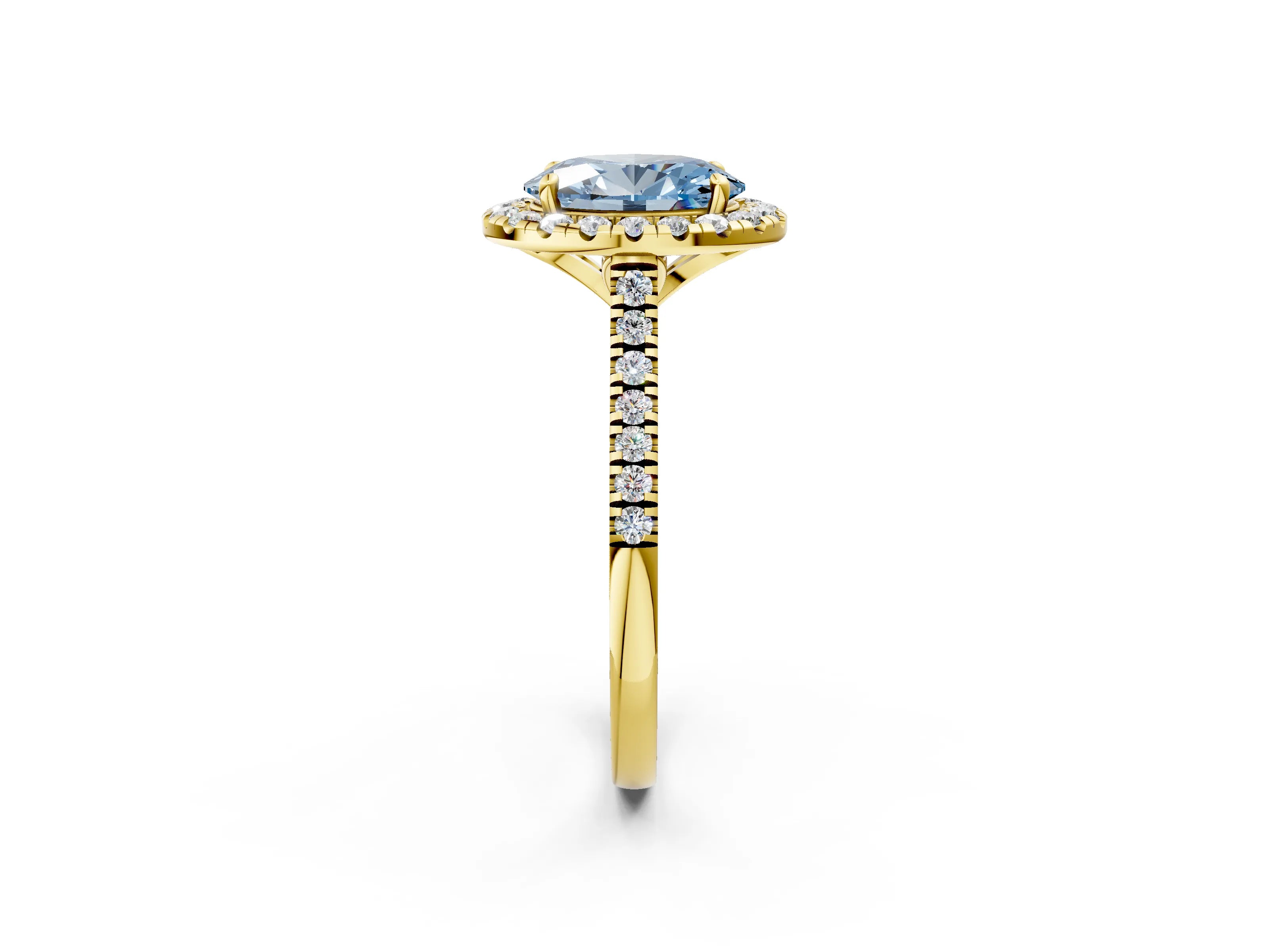 Yellow gold Fancy Blue Oval Cut Diamond Cushion Halo Ring with Pavé Band_2