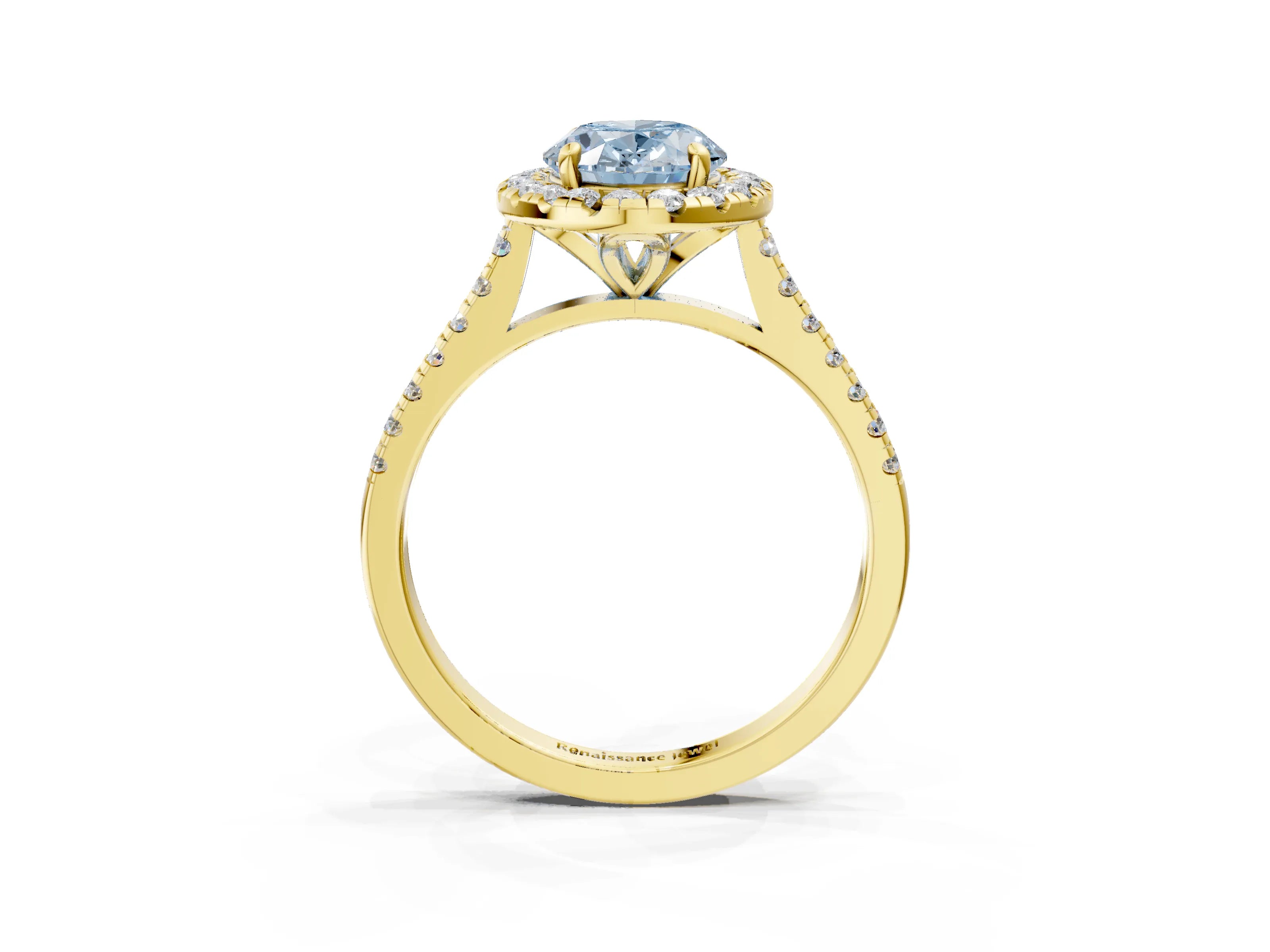 Yellow gold Fancy Blue Oval Cut Diamond Cushion Halo Ring with Pavé Band_3